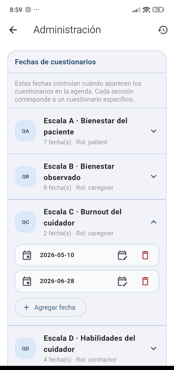Pantalla de la app Noelia con las escalas de evaluación A, B, C y D y sus fechas de aplicación