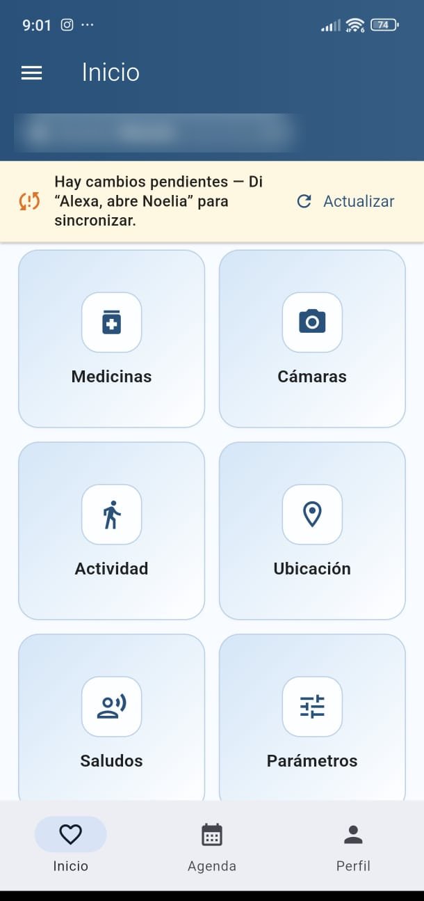 Pantalla de inicio de la app Noelia con accesos a medicinas, cámaras, actividad y ubicación
