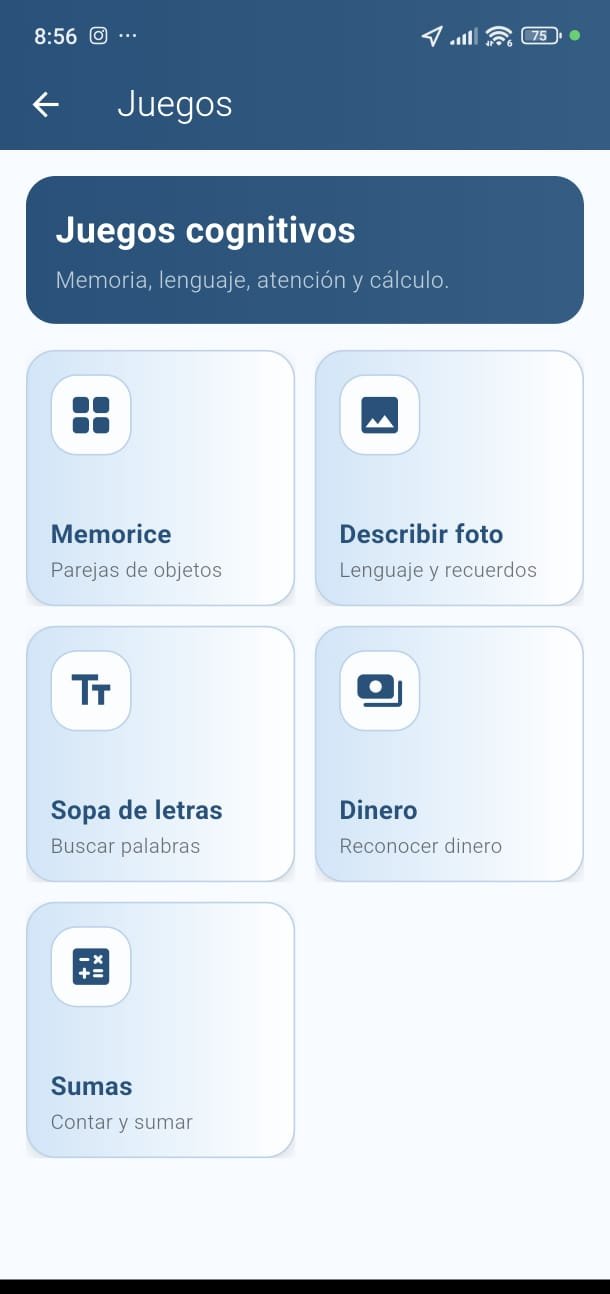 Juegos cognitivos de la app Noelia