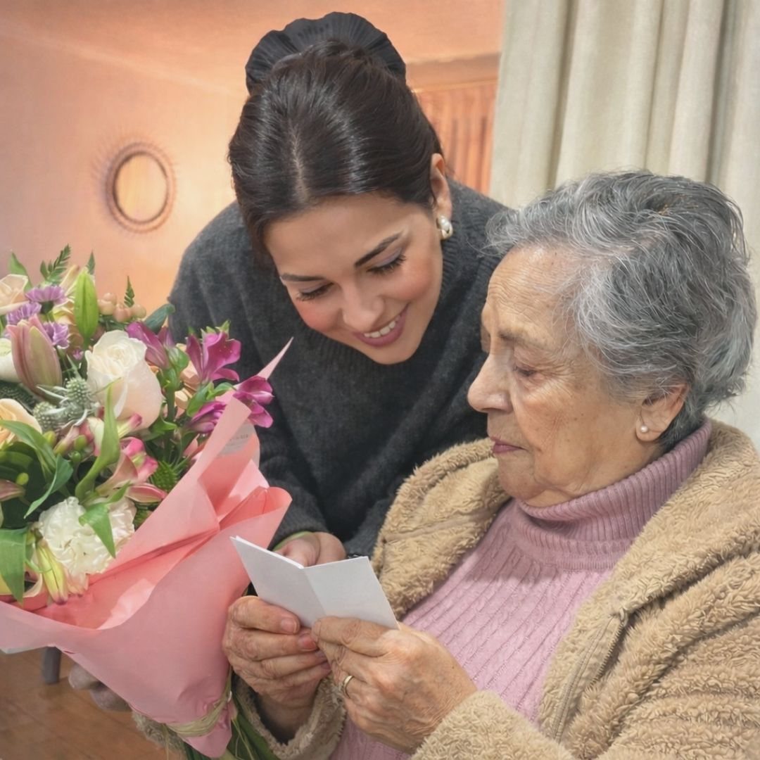 Mujer joven y su madre leyendo juntas una tarjeta con un ramo de flores