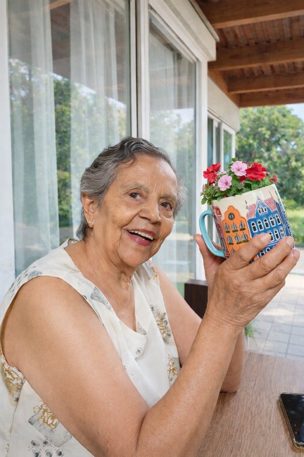 Mujer mayor sonriendo con una taza con flores
